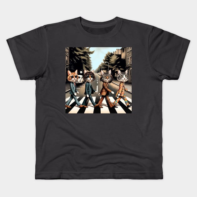 Feline Fab Four - Cat Beatles Abbey Road Parody Art Kids T-Shirt by Doming_Designs